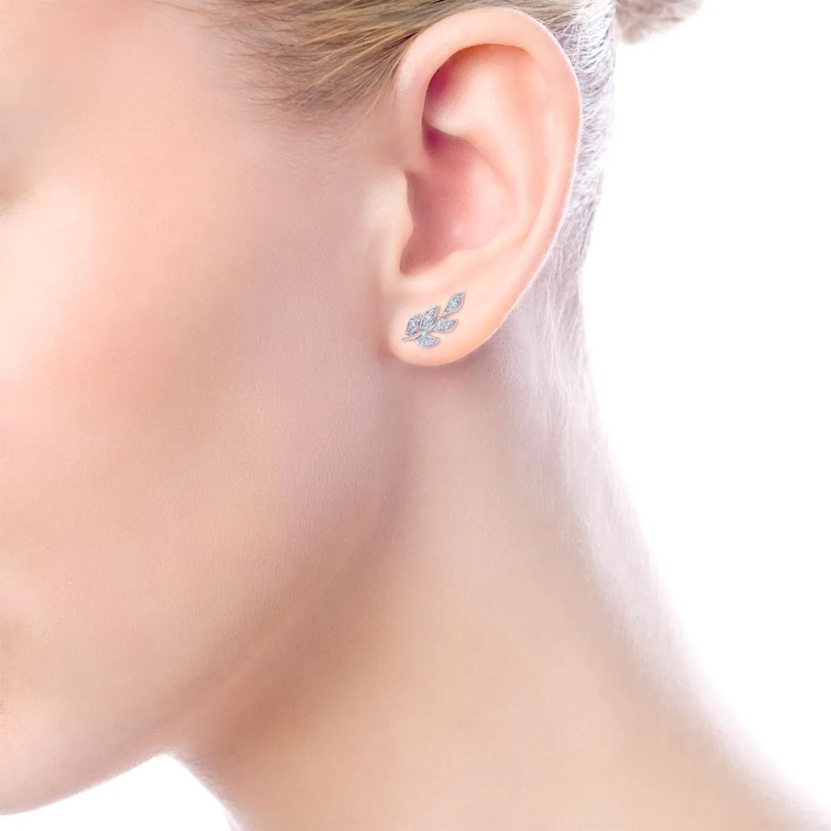 14K White Gold Diamond Leaf Stud Earrings - EG13572W45JJ