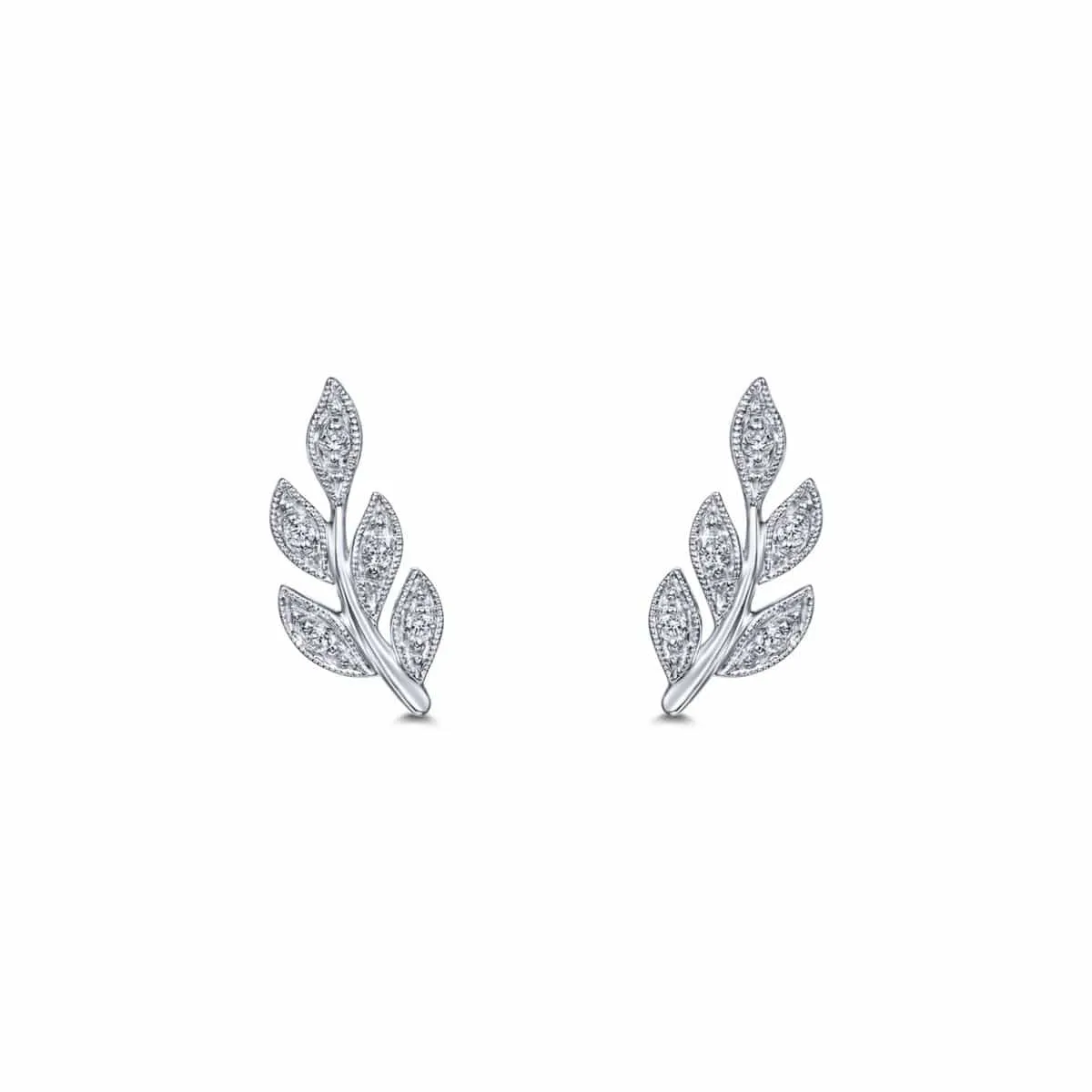 14K White Gold Diamond Leaf Stud Earrings - EG13572W45JJ