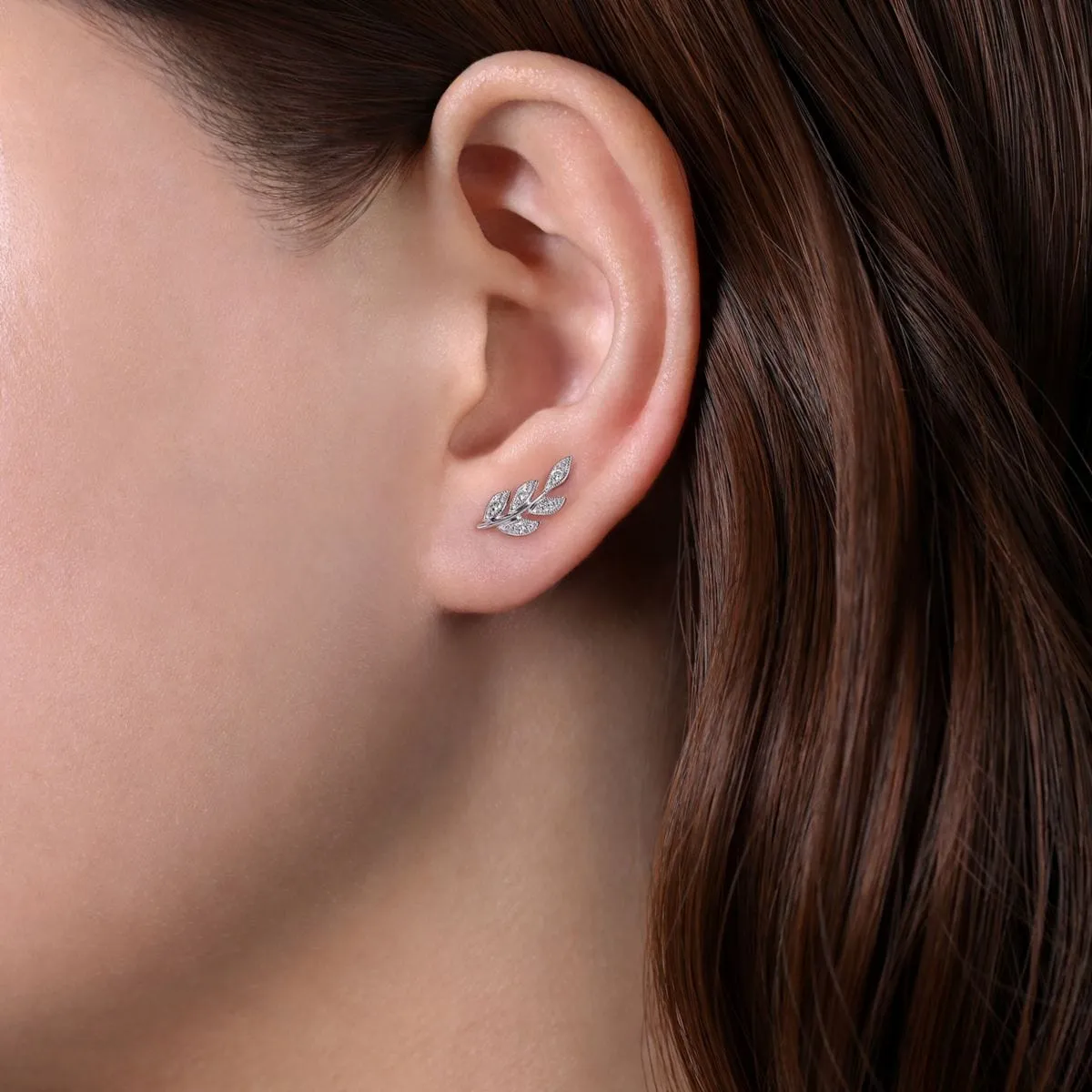 14K White Gold Diamond Leaf Stud Earrings - EG13572W45JJ