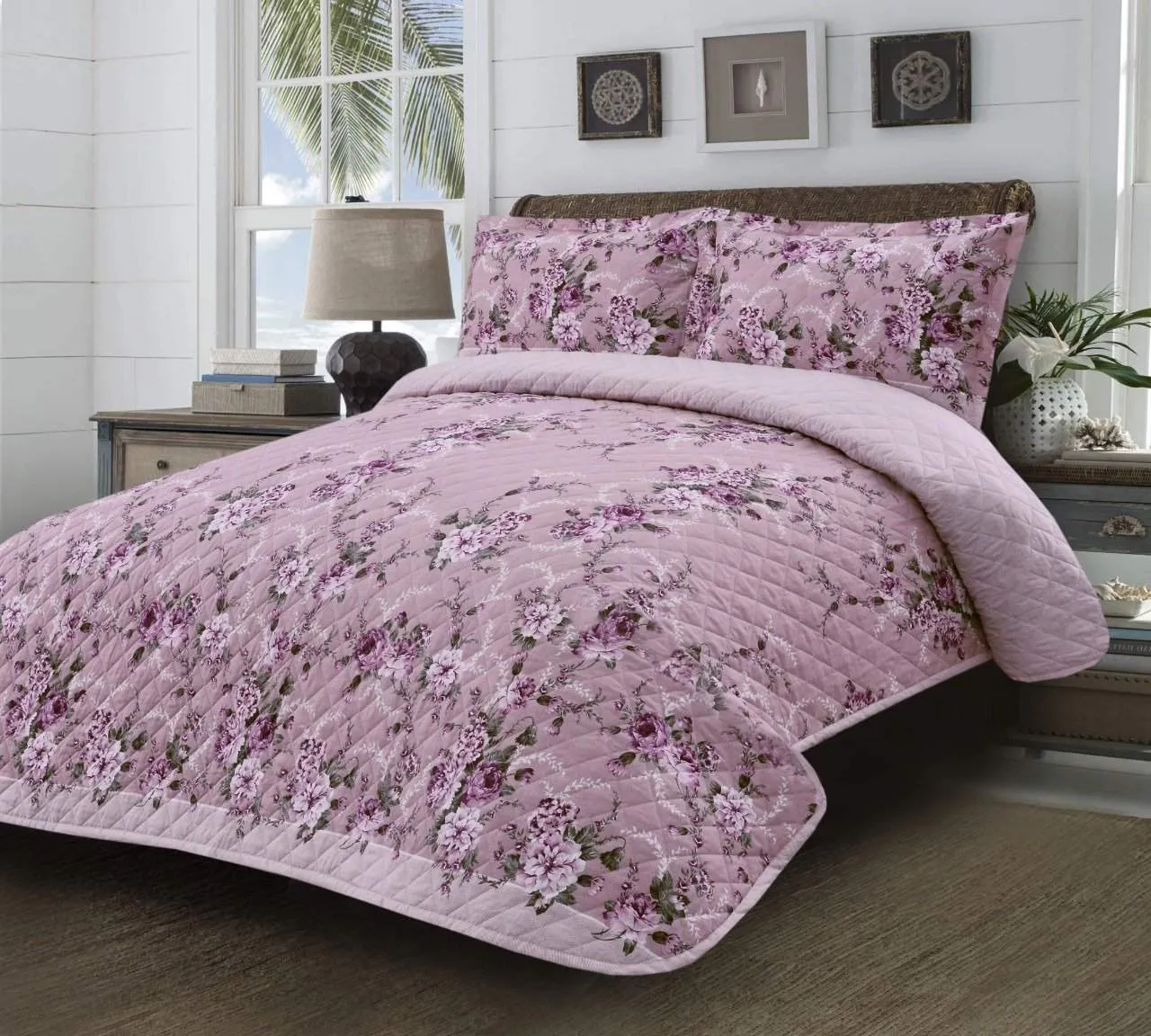 3 Pieces 100% Cotton Quilted Bedspread/Throw with Pillowcases