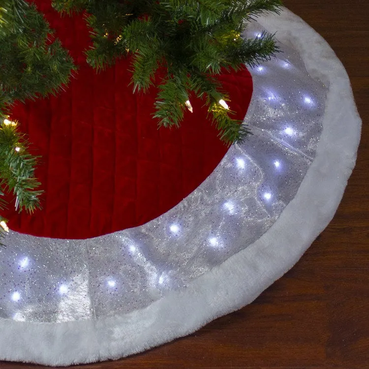 48" Red Quilted Velvet Iridescent LED Lighted Christmas Tree Skirt with Faux Fur Trim