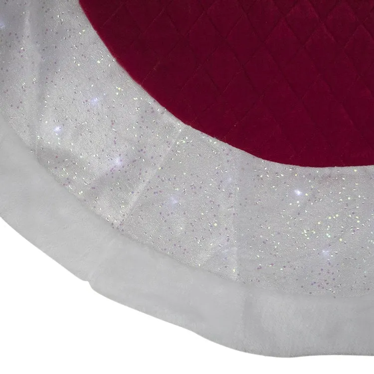 48" Red Quilted Velvet Iridescent LED Lighted Christmas Tree Skirt with Faux Fur Trim