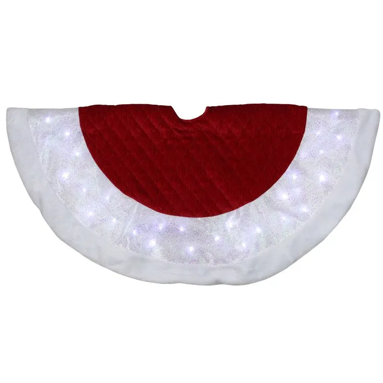 48" Red Quilted Velvet Iridescent LED Lighted Christmas Tree Skirt with Faux Fur Trim