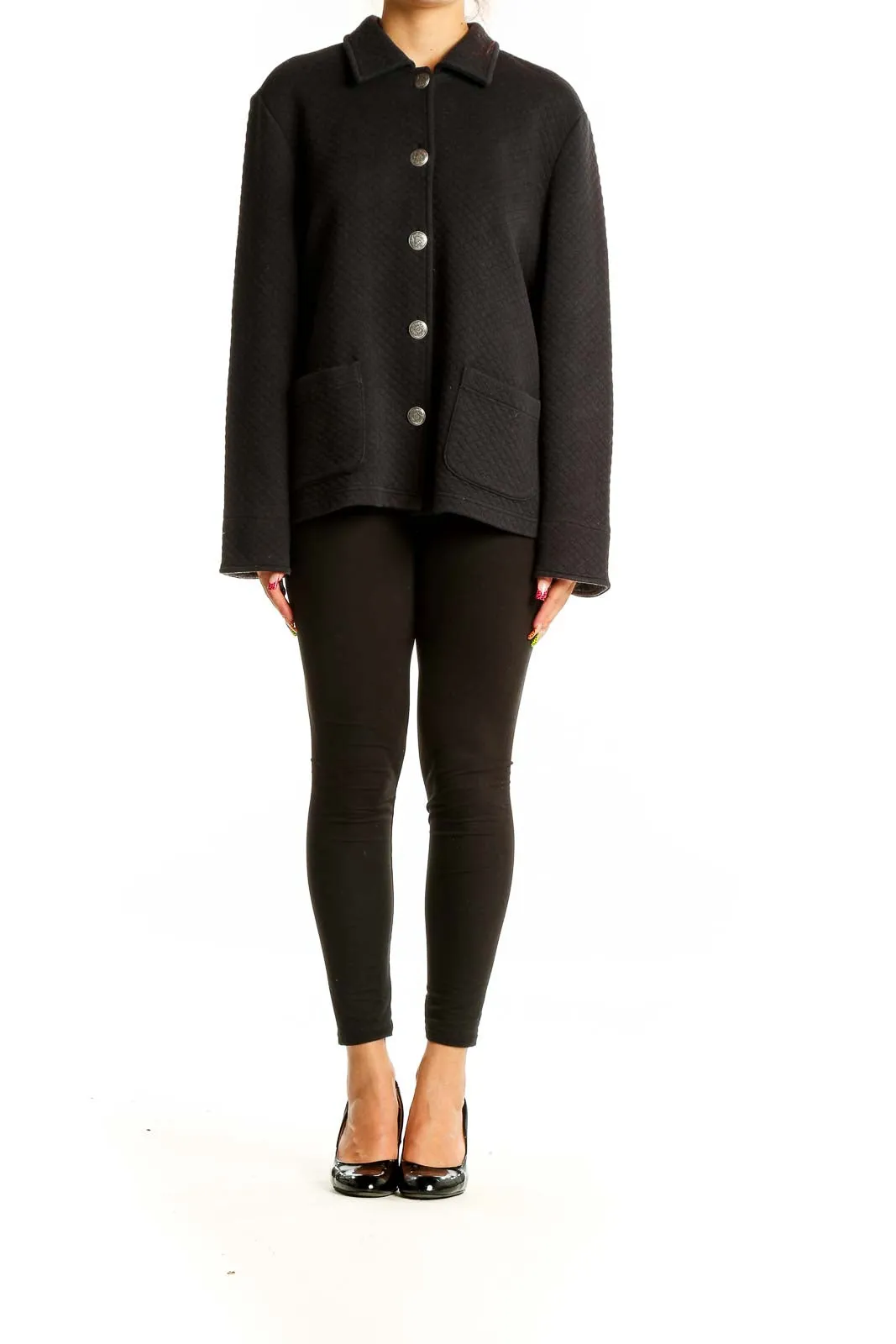 Black Quilted Button-Up Jacket