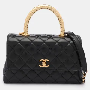 Black Quilted Leather Small Coco Metal Top Handle Bag