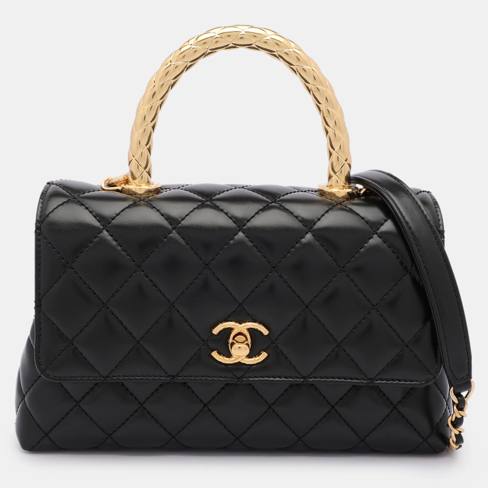 Black Quilted Leather Small Coco Metal Top Handle Bag