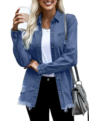 Blue Women's Oversized Denim Jacket Casual Long Boyfriend Distresse Jean Jacket Autumn Spring - Dokotoo