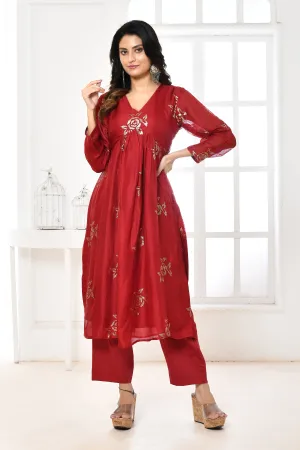 Bright Red Jute Upada Sequin Floral Kurta & Pant Set