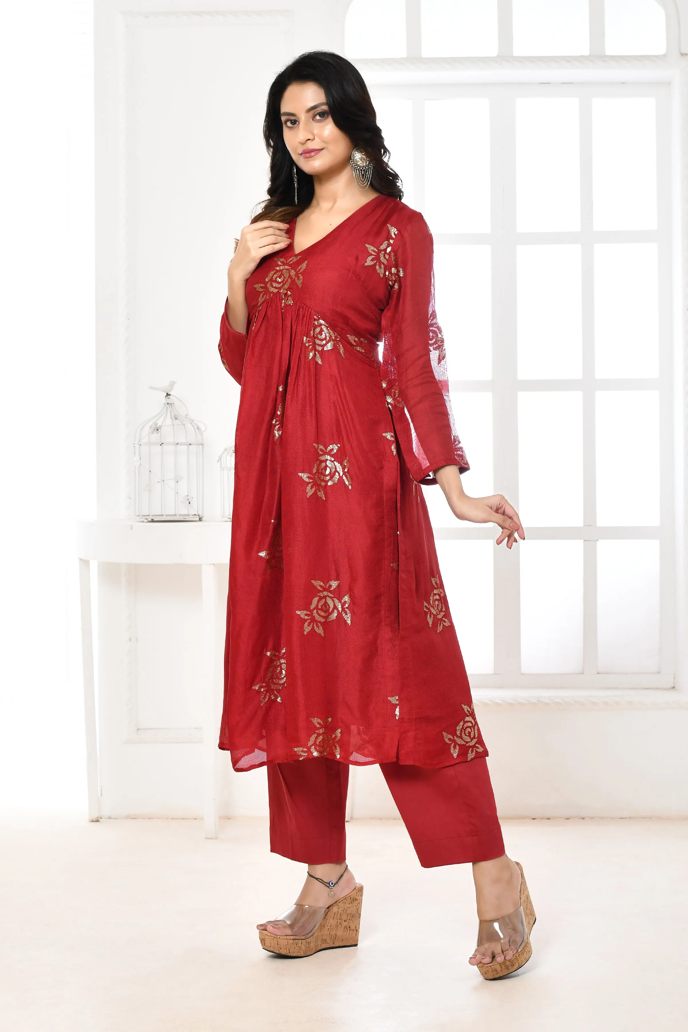 Bright Red Jute Upada Sequin Floral Kurta & Pant Set
