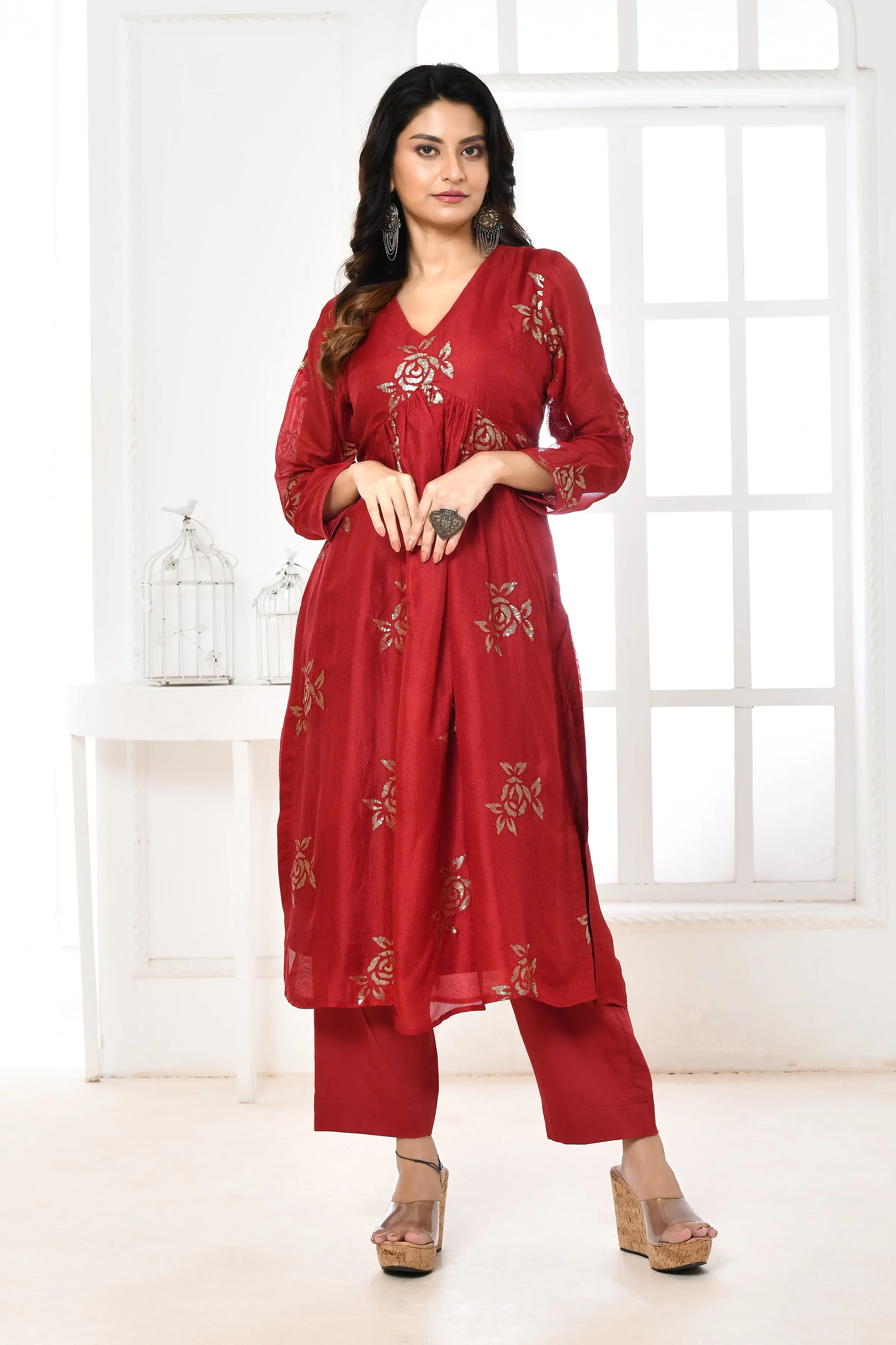 Bright Red Jute Upada Sequin Floral Kurta & Pant Set