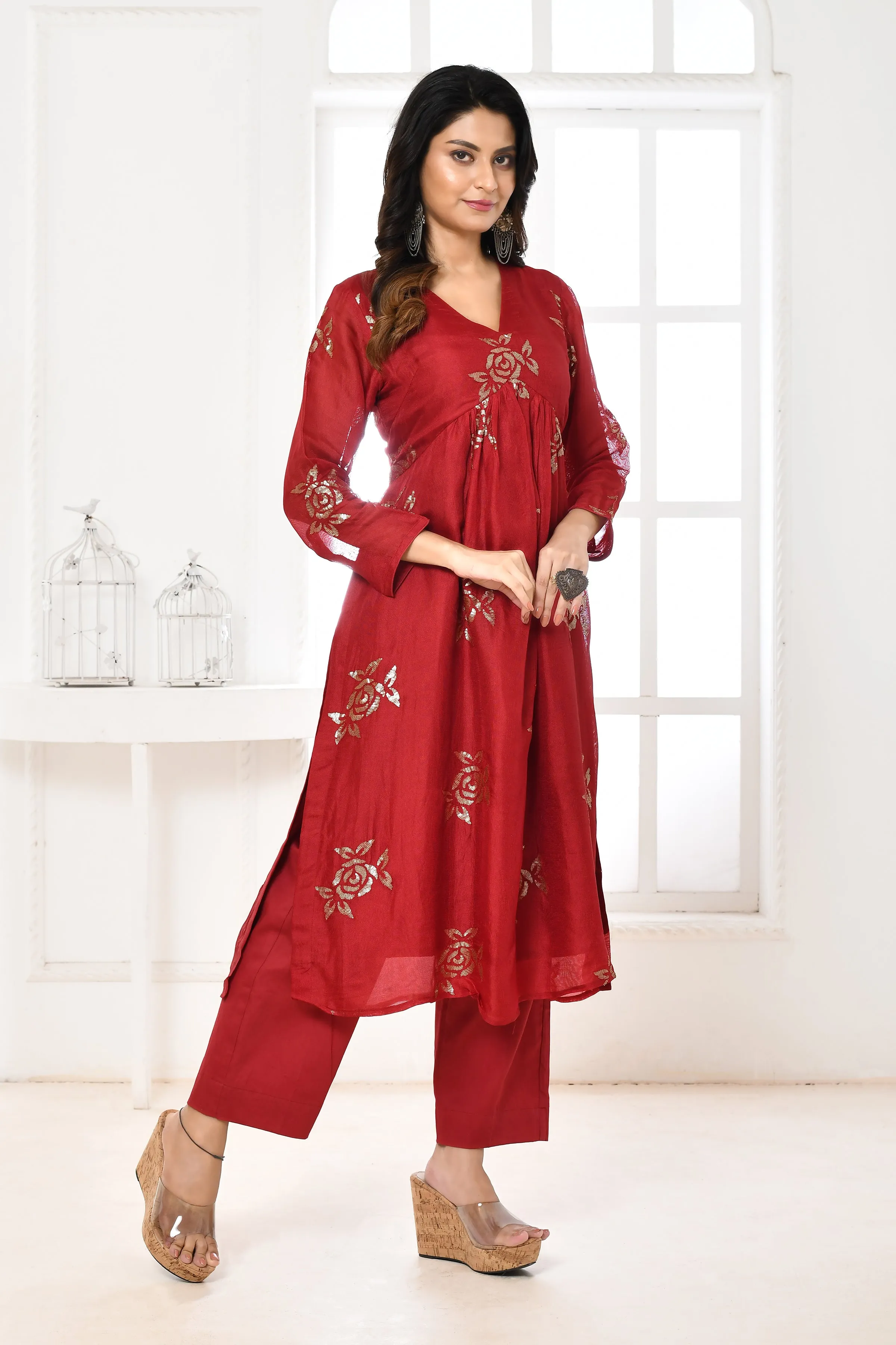 Bright Red Jute Upada Sequin Floral Kurta & Pant Set