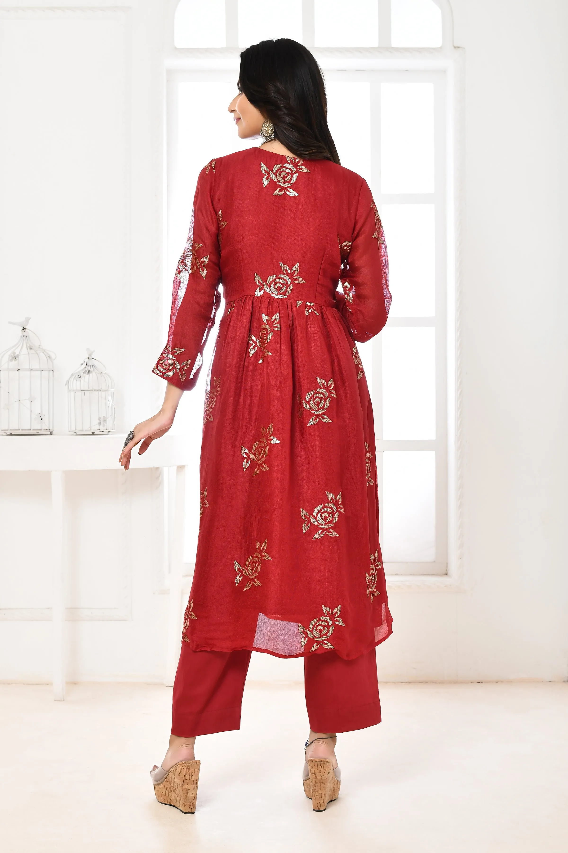 Bright Red Jute Upada Sequin Floral Kurta & Pant Set