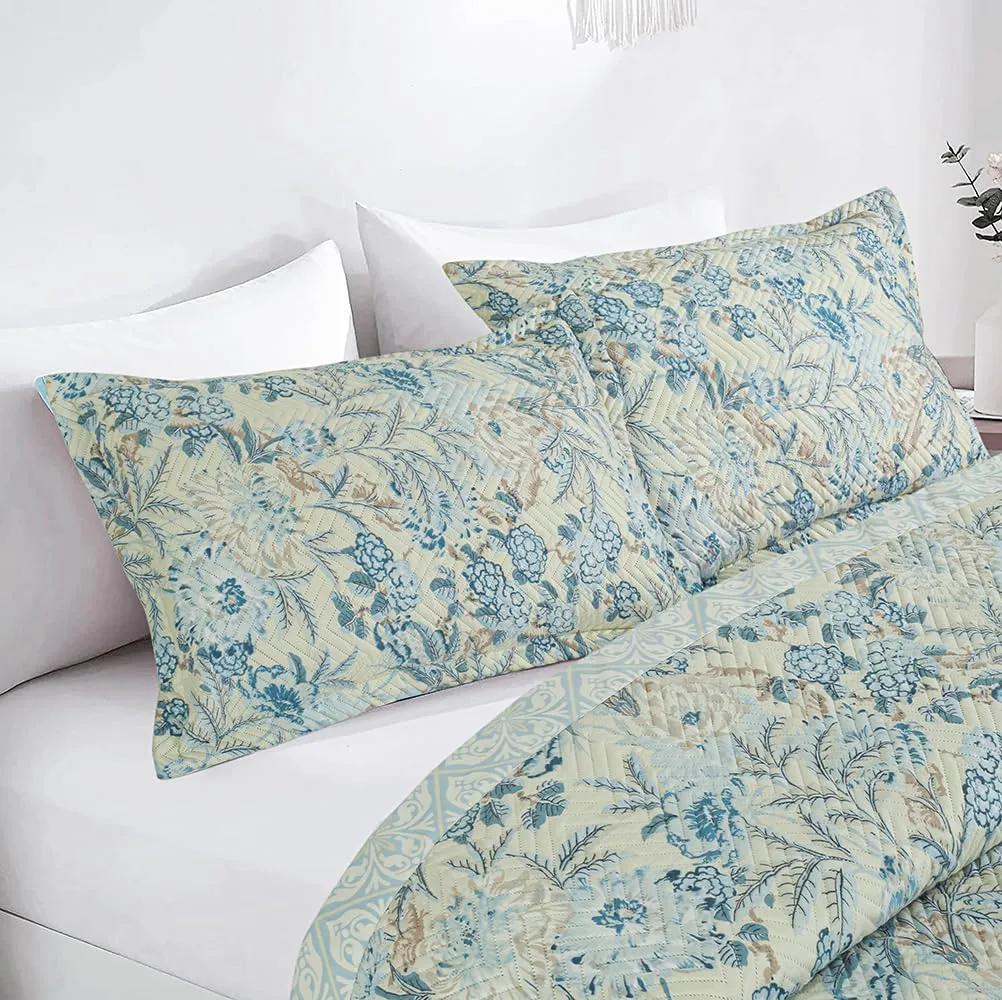 BSB HOME 100% Cotton Quilted/Ultrasonic 280 Tc Printed King Size Bed Cover/Bedsheet/Bedspread Comforter with 2 Pillow Shams/Cover, (Luxurious, 90 x100 inches, Floral Green White)