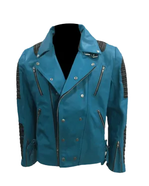 Cafe Racer Quilted Style Blue Leather Jacket | Mens Quilted Cafe Racer Leather Jacket