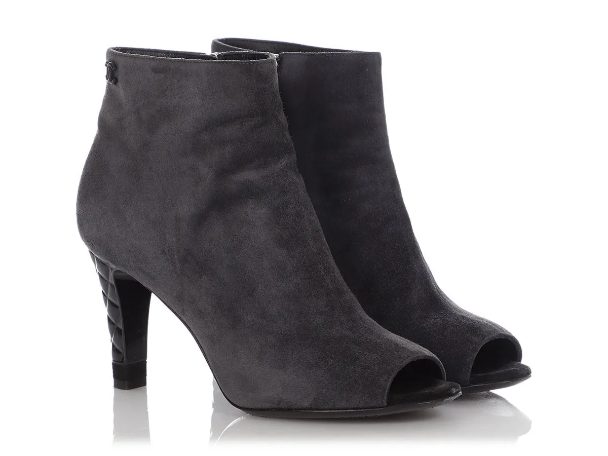 Chanel Gray Suede Peep-Toe Booties