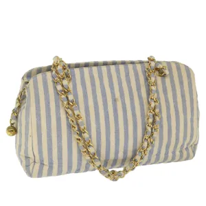 CHANEL Quilted Chain Big Matelasse Shoulder Bag Canvas Light Blue CC Auth 58349A