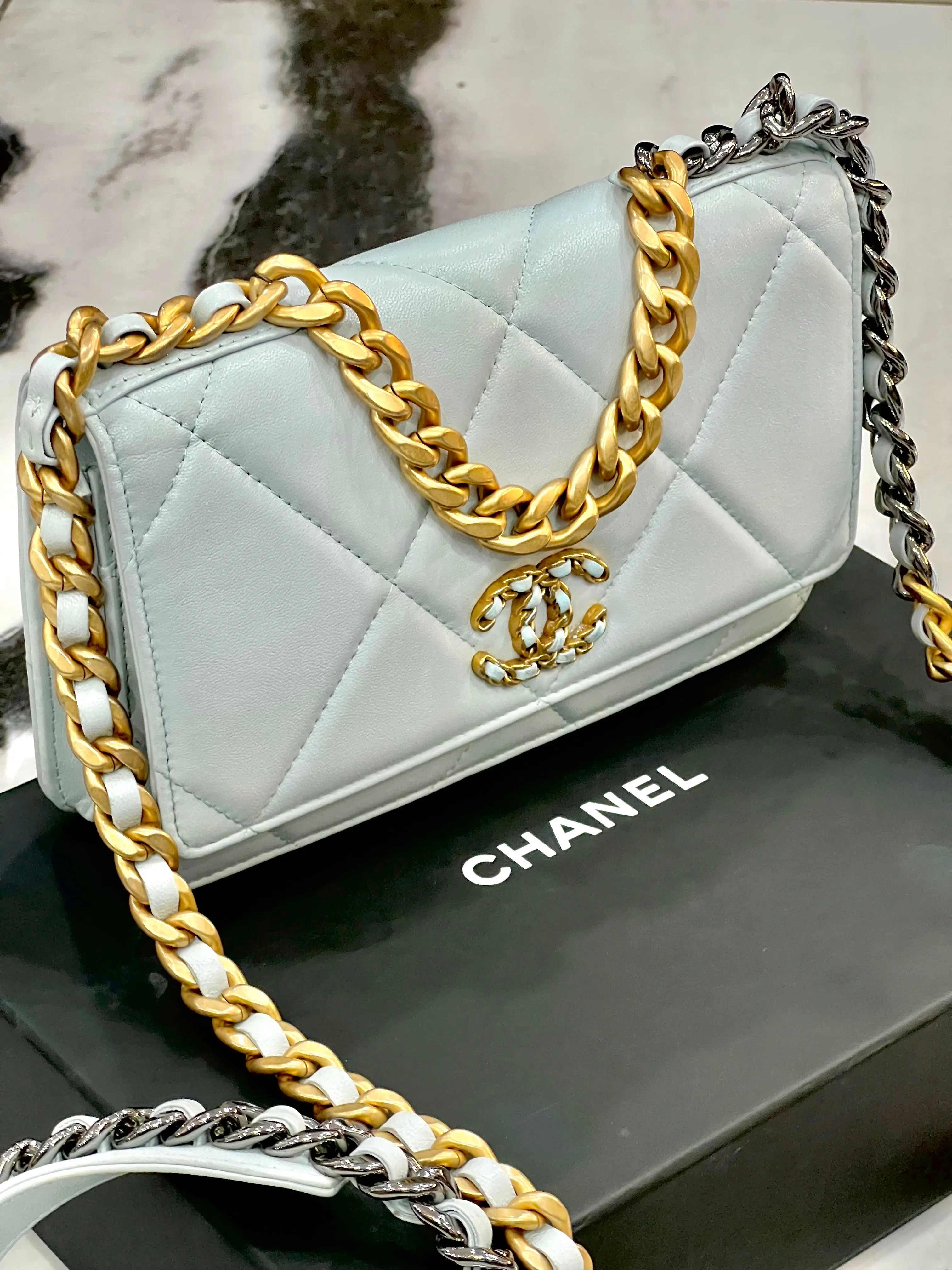 CHANEL QUILTED LAMBSKIN CHANEL 19 WALLET ON A CHAIN