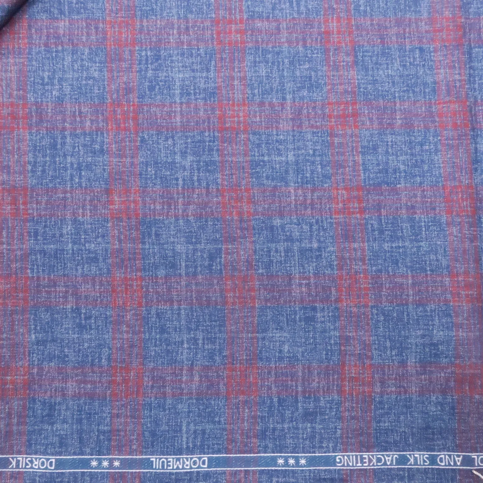 Denim Blue and Red Plaid Windowpane Wool & Silk Dorsilk Dormeuil Fabric