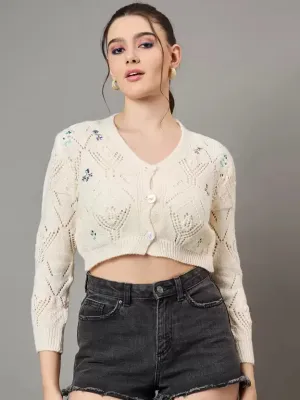 Elegant White Woolen V-Neck Cardigan