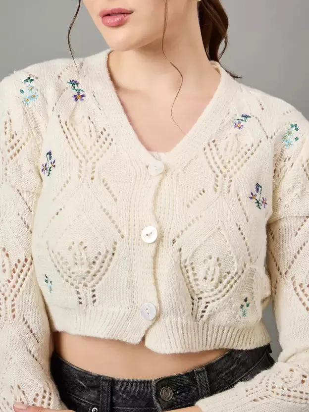 Elegant White Woolen V-Neck Cardigan