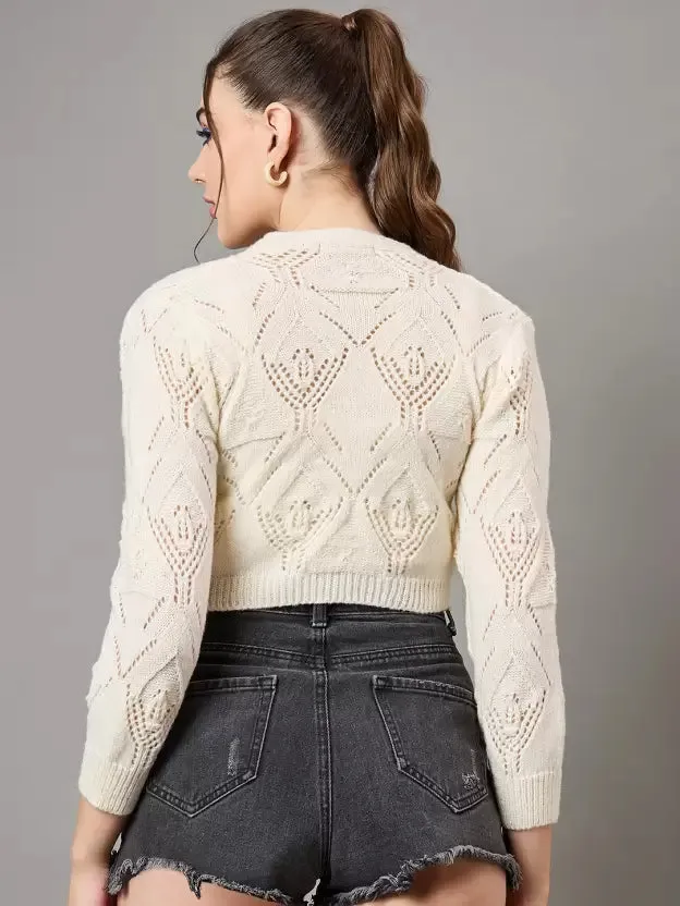 Elegant White Woolen V-Neck Cardigan