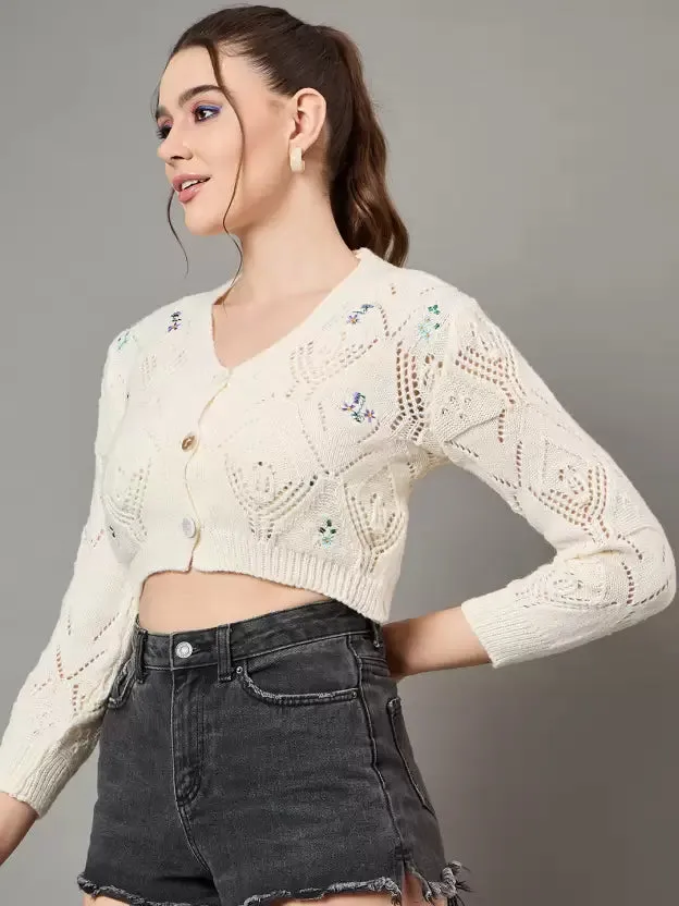 Elegant White Woolen V-Neck Cardigan