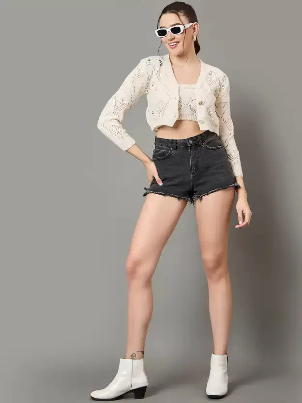 Elegant White Woolen V-Neck Cardigan