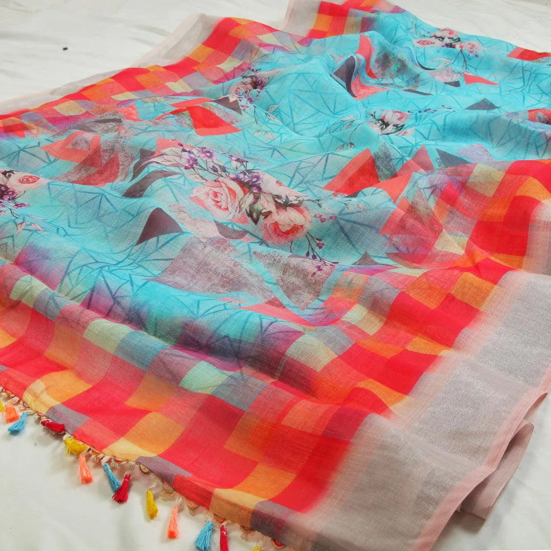 Energetic Sky Blue Colored Partywear Embroidered Linen Saree