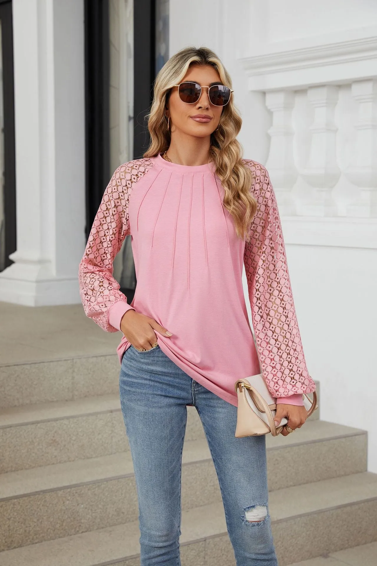 Lace Splicing Crew Neck Long Sleeve Loose T-Shirt