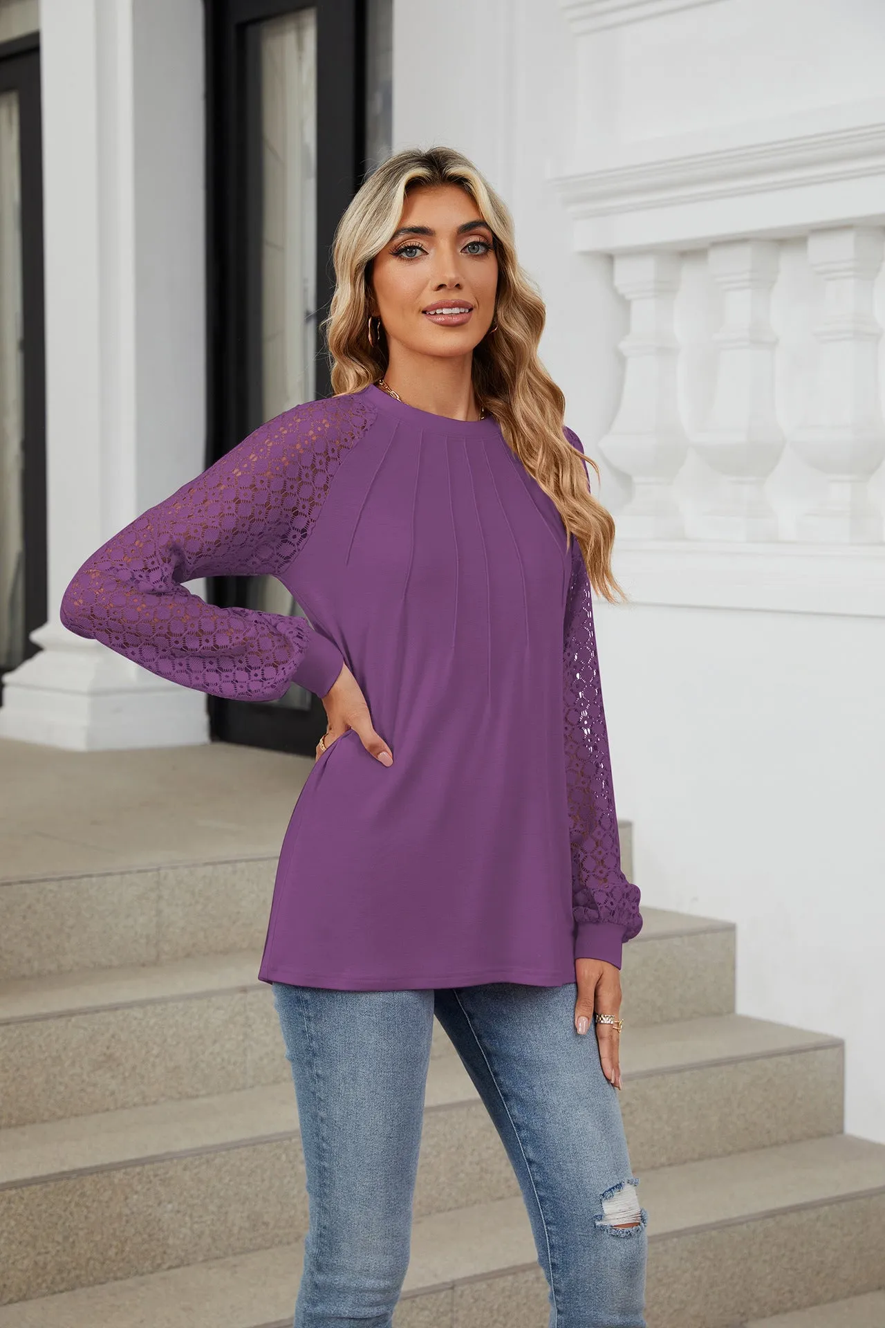 Lace Splicing Crew Neck Long Sleeve Loose T-Shirt