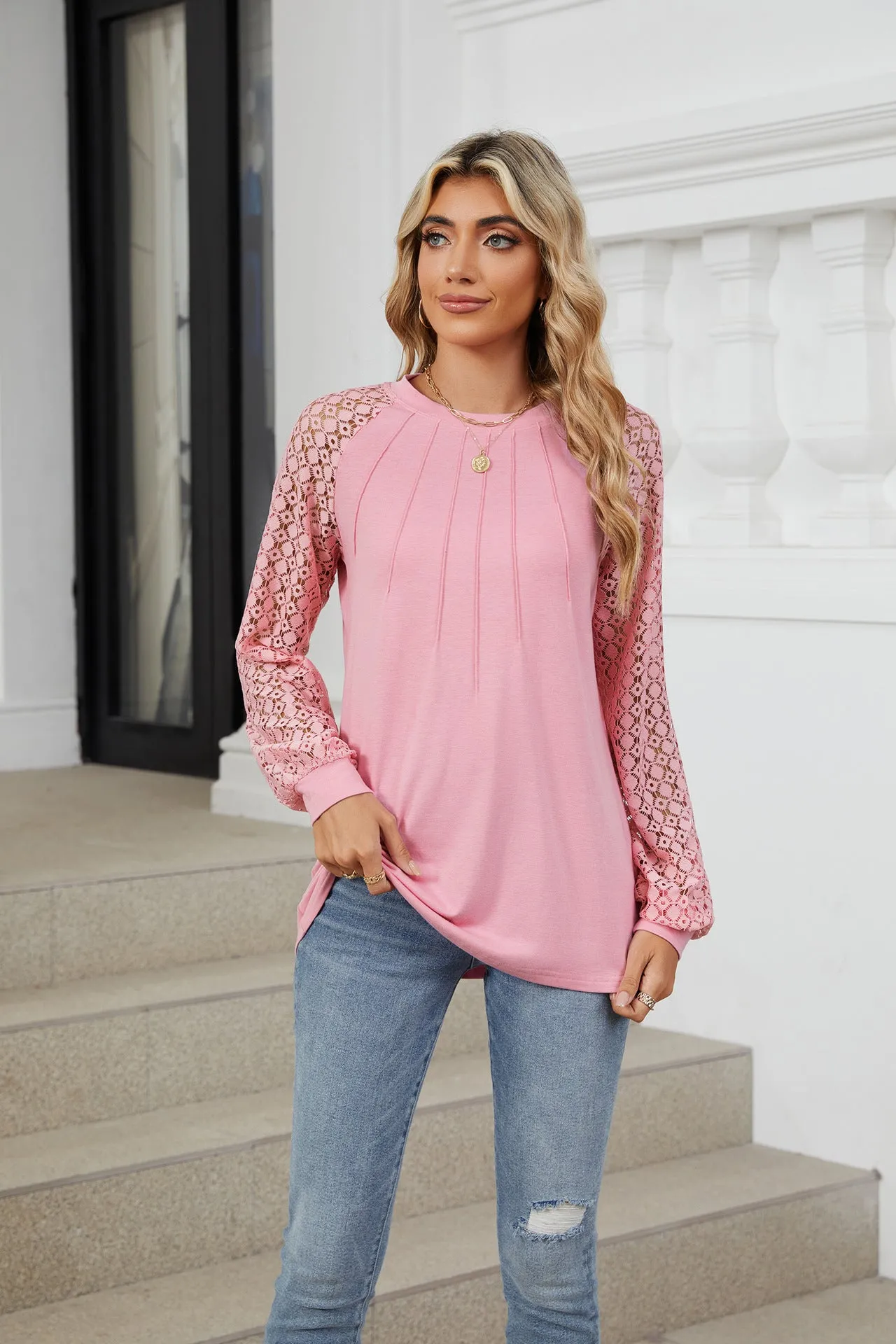 Lace Splicing Crew Neck Long Sleeve Loose T-Shirt