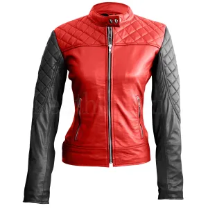 Leather Skin Women Red with Black Sleeves Shoulder Quilted Genuine Leather Jacket