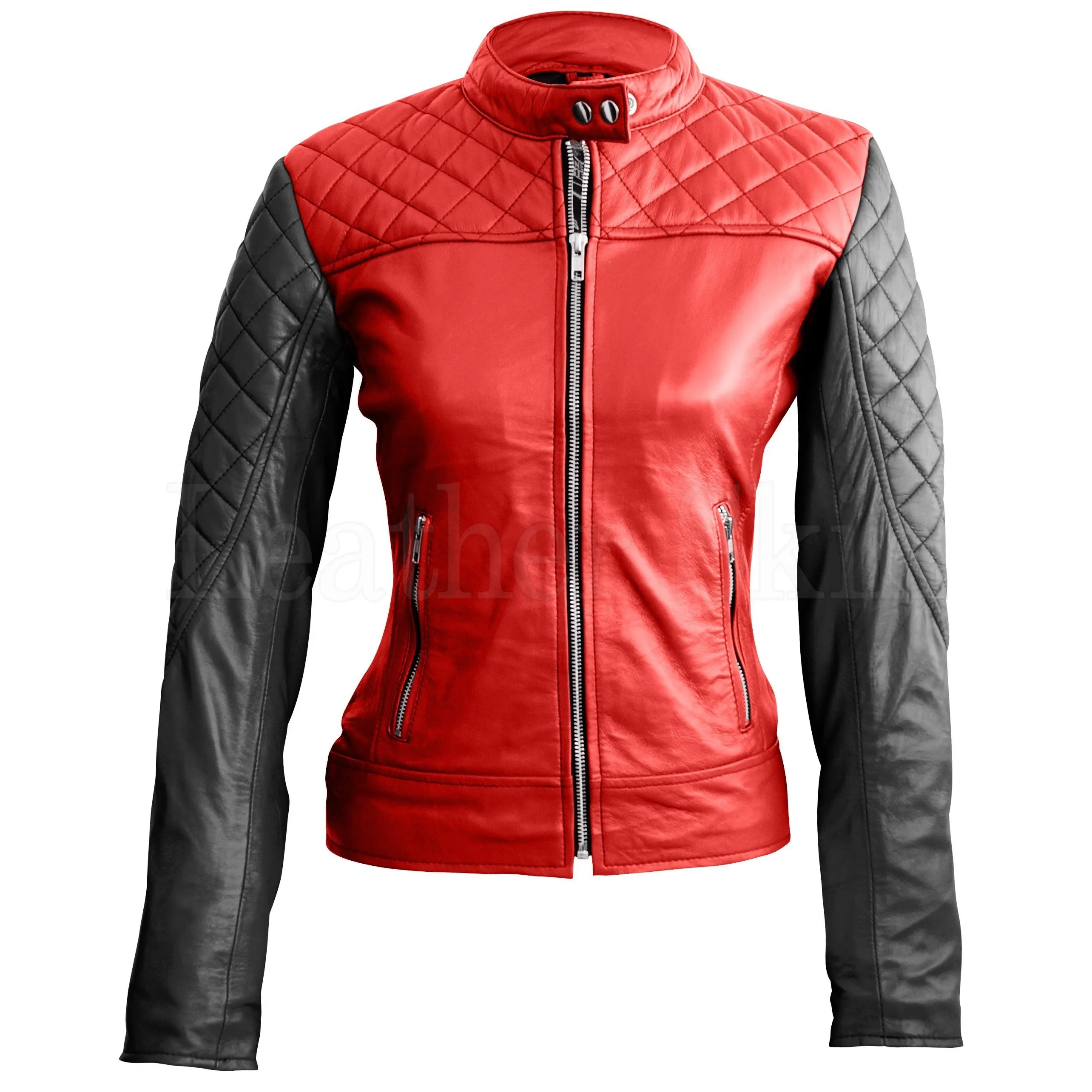 Leather Skin Women Red with Black Sleeves Shoulder Quilted Genuine Leather Jacket