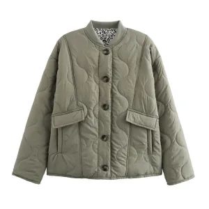 Leopard Print Lining Puffer Jacket Quilted Jacket Green