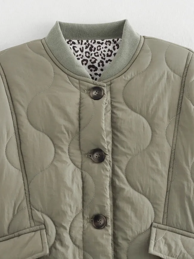 Leopard Print Lining Puffer Jacket Quilted Jacket Green