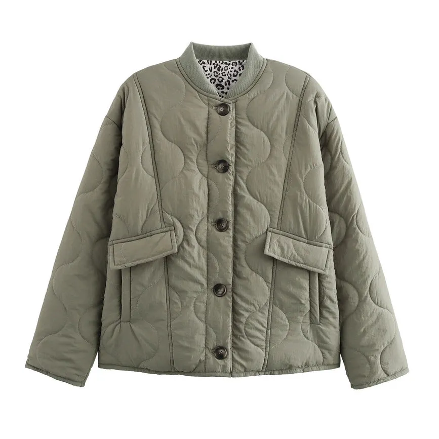 Leopard Print Lining Puffer Jacket Quilted Jacket Green