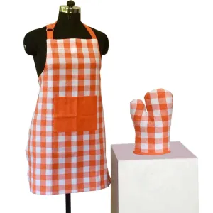 Lushomes Orange Checks Kitchen Apron Set for Women: 2-Piece, Includes 17x32 cm Oven Glove & 60x80 cm Apron