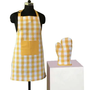 Lushomes Yellow Checkered Kitchen Cooking Apron Set for Women (2 Pc Set, Oven Glove 17 x 32 cm, Apron 60 x 80cms)