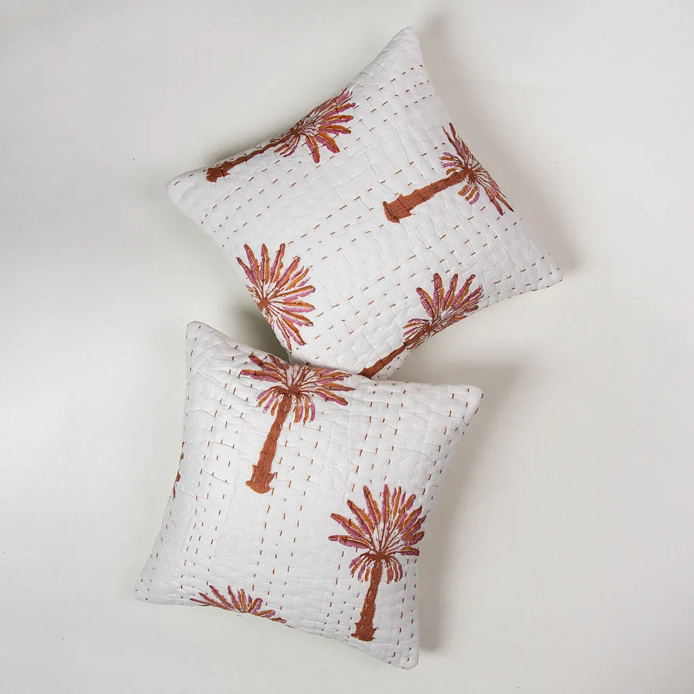 Luxury Brown Palm Tree Printed Kantha Quilted Cushion Pattern