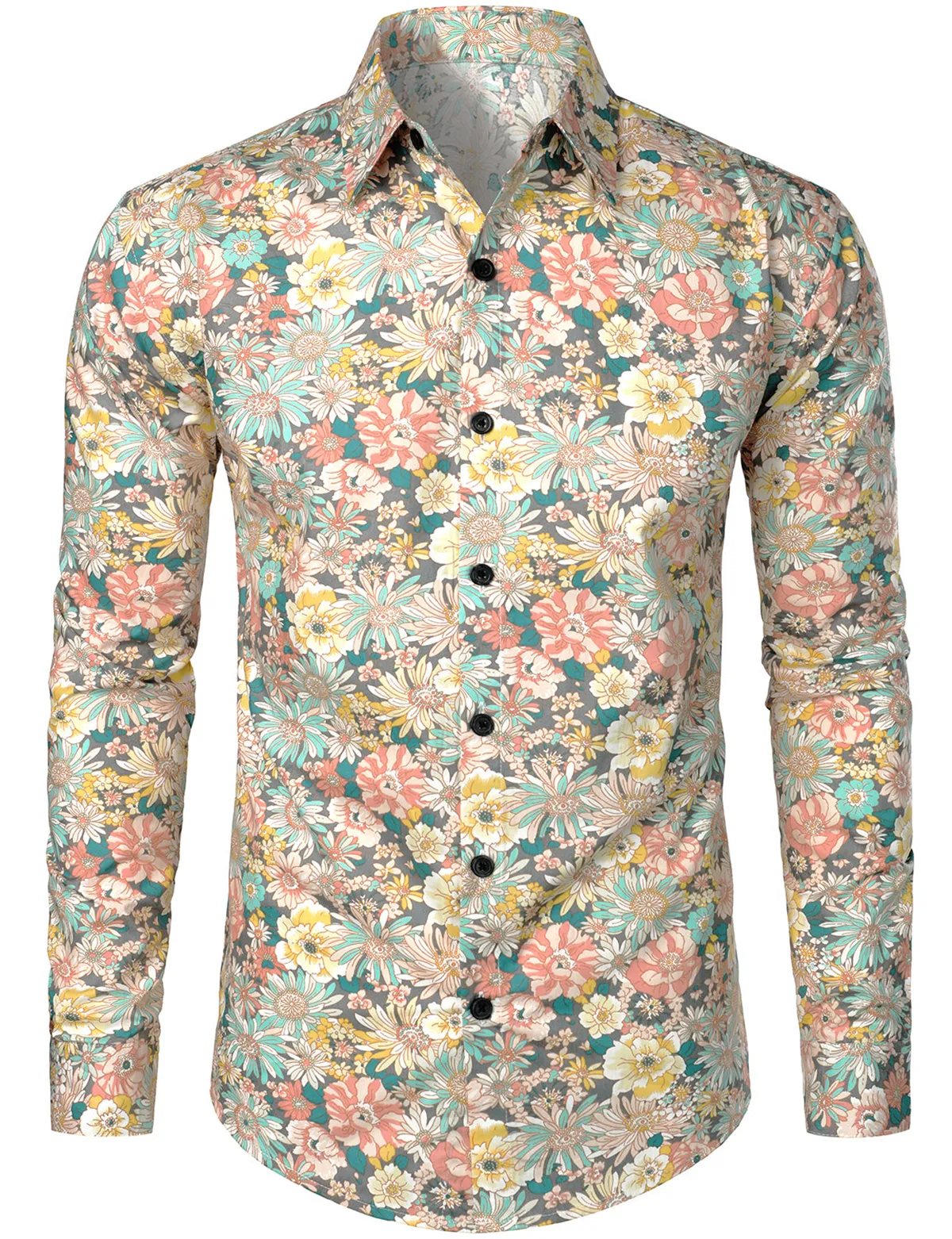 Men's Grey Cotton Floral Print Long Sleeve Shirt