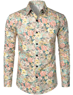 Men's Grey Cotton Floral Print Long Sleeve Shirt