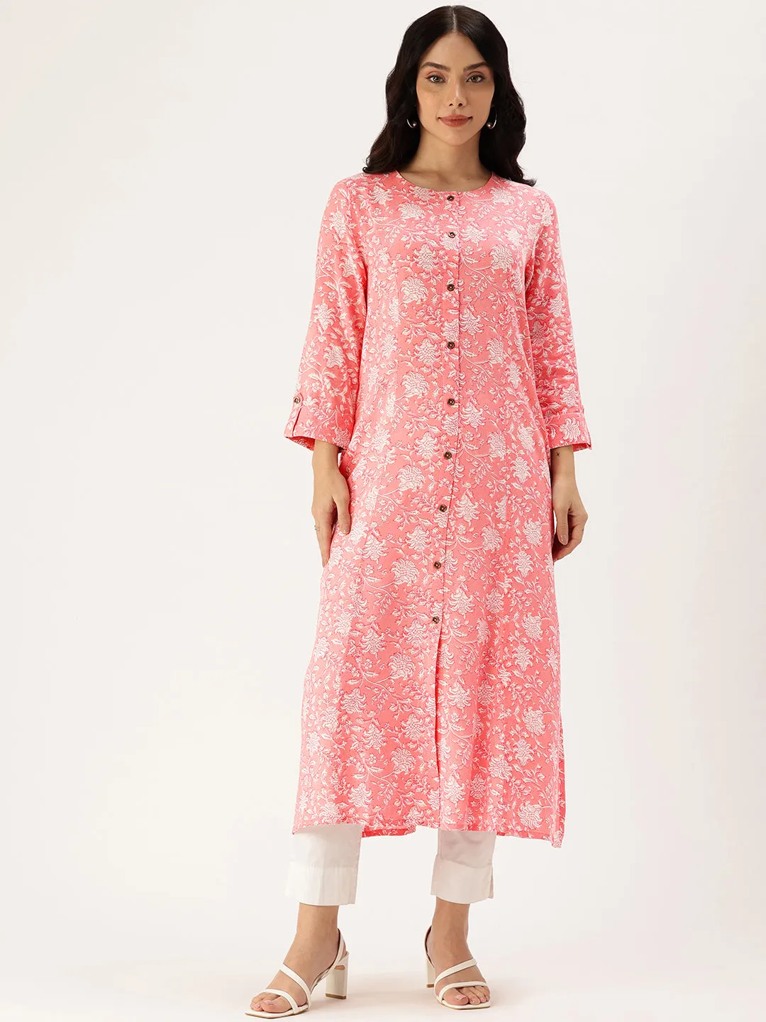 Pink Floral Printed Straight Kurta