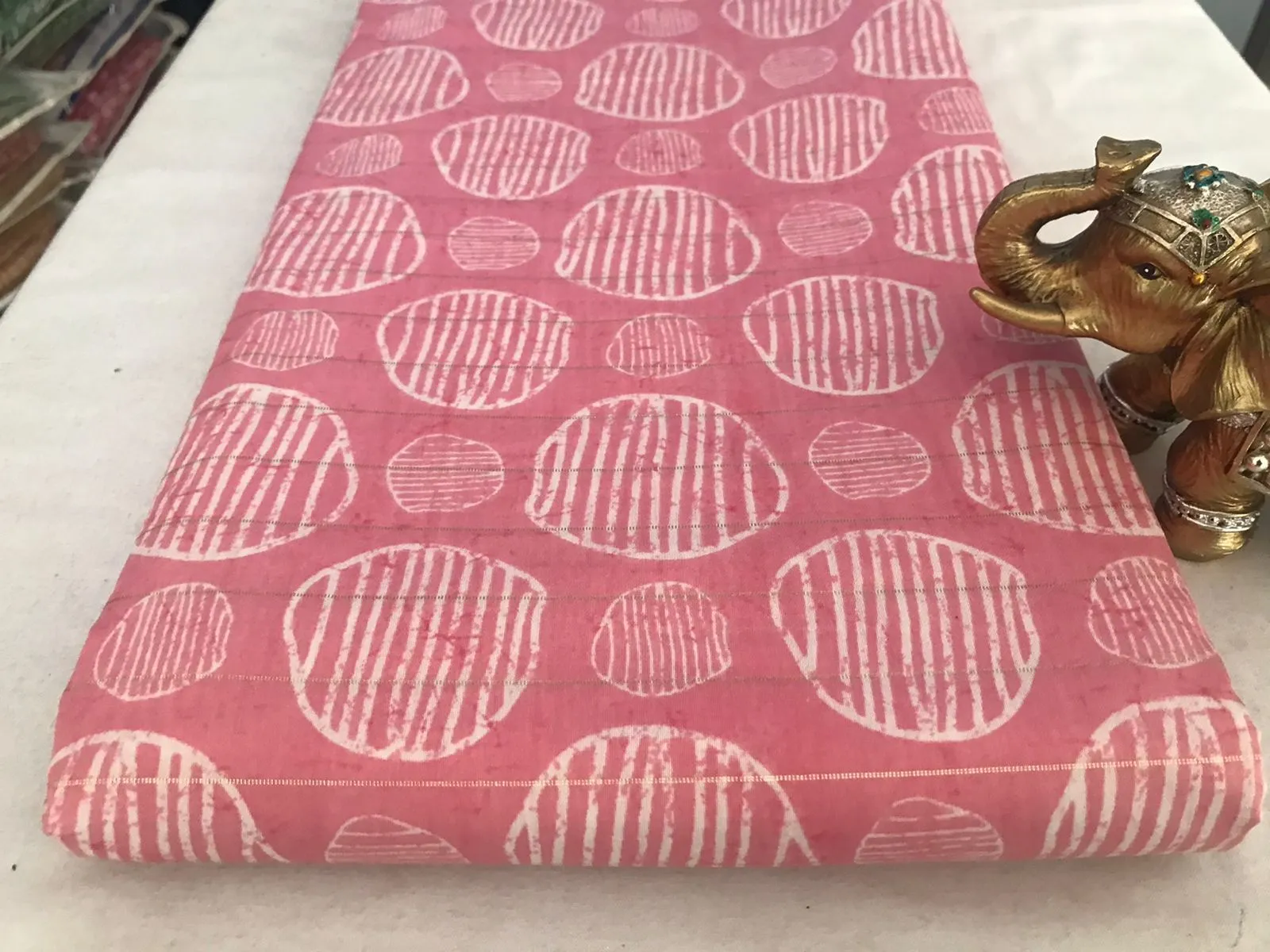 Pink Geometric Hand Screen Printed Lurex Viscose Chanderi Fabric