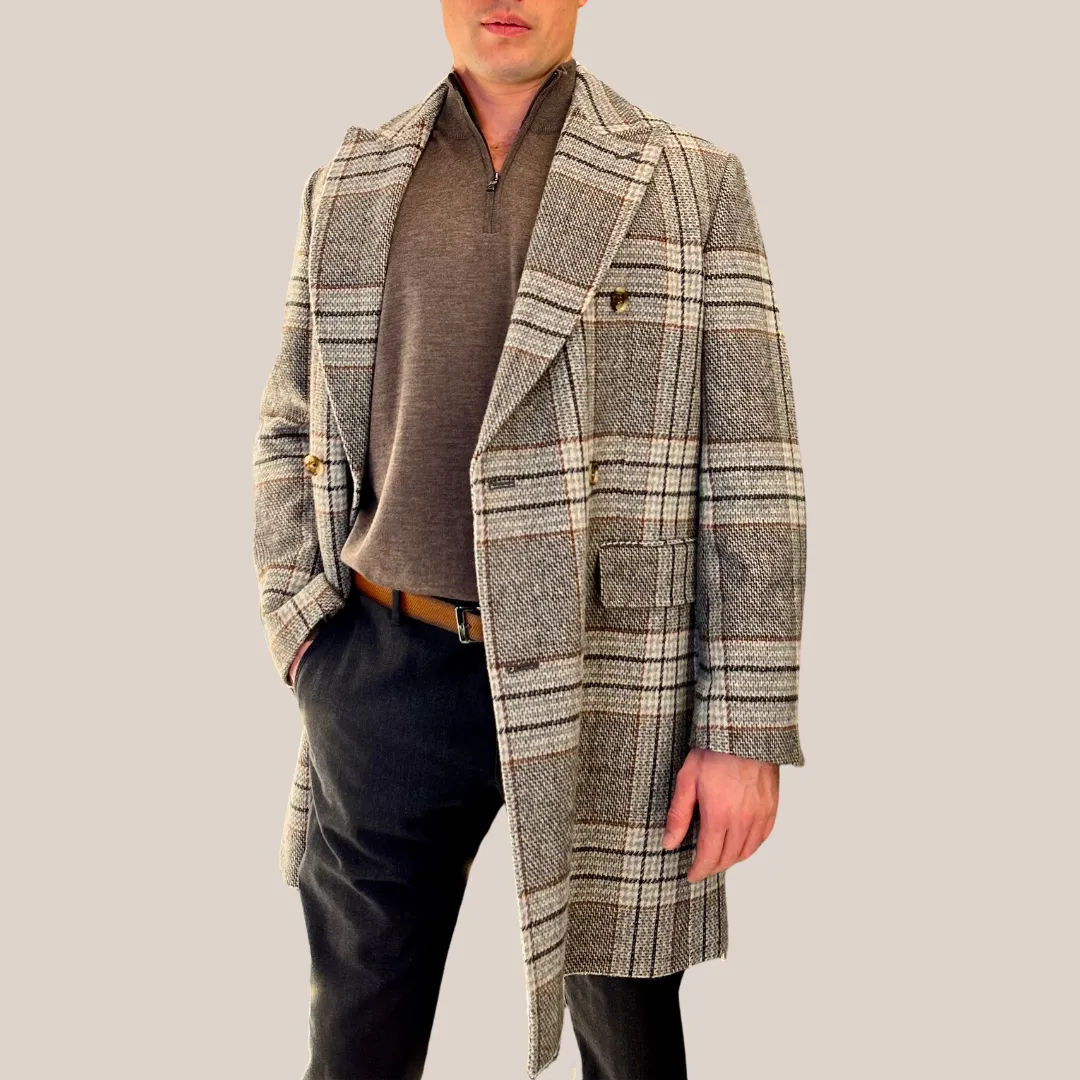 Plaid Checks Double Breasted Woolen Jacket - Grey