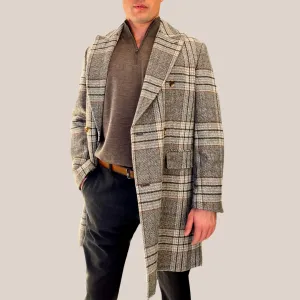 Plaid Checks Double Breasted Woolen Jacket - Grey
