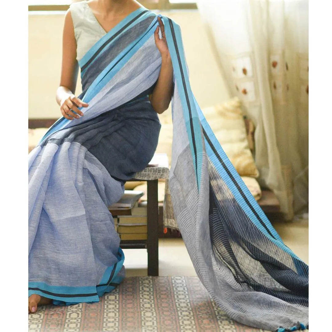 Preferable Light Blue And Grey Colored Festive Wear Pure Linen Designer Saree