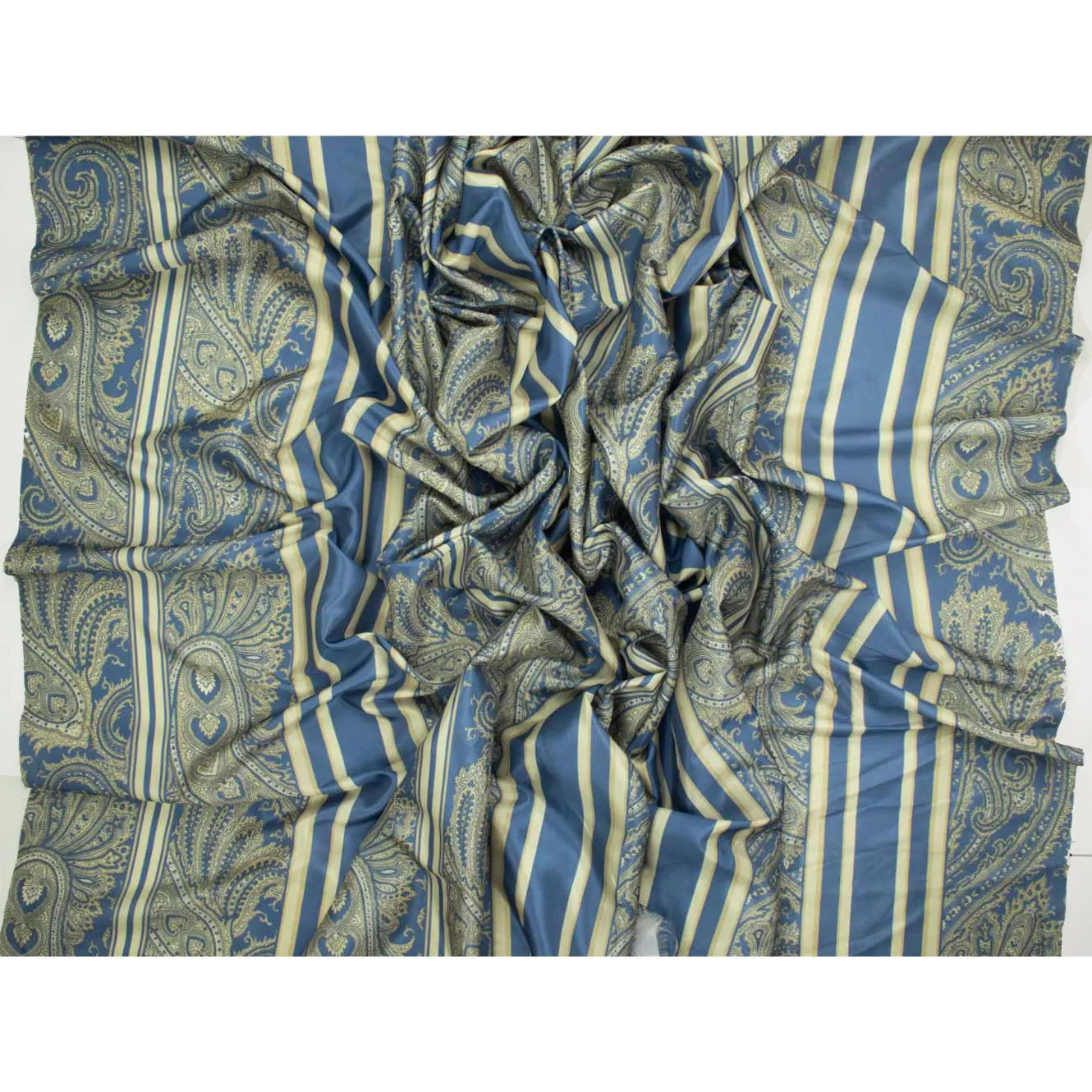 Printed Lining Design-30 Vintage Light Gold Paisley On Blue Stripes