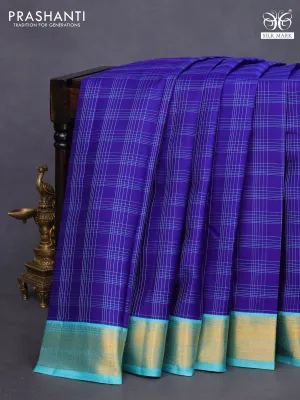 Pure kanchipuram silk saree blue and teal blue with allover checked pattern and zari woven korvai border