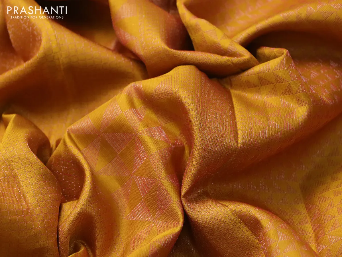Pure soft silk saree mustard yellow with allover thread & zari checked pattern and leaf design woven border