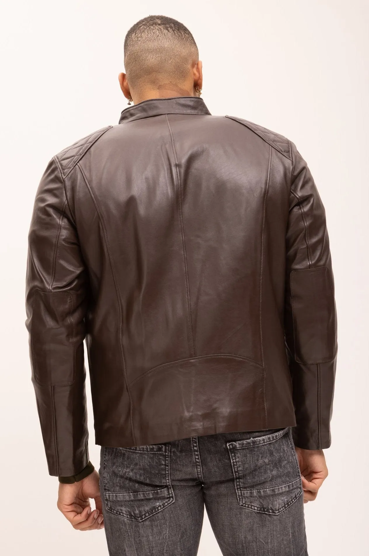 Quilted Detail Leather Jacket - Brown